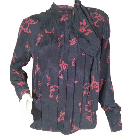 Christian Dior Womens Size 6 Silk Blouse Button Cuff Dark Blue Floral Print - Picture 1 of 6